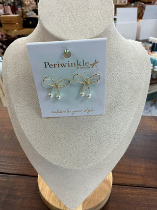 Gold Rope Bow w/ Pearls Post Earrings