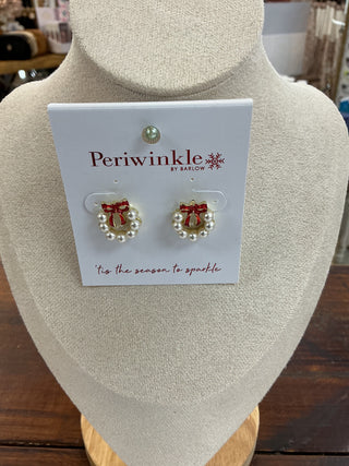 Gold & Pearl Wreath W/ Red Bow Post Earrings