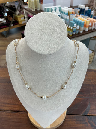 Gold Chain w/ Pearl & Gold Bead Stations Necklace