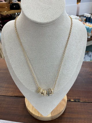 Gold Ring Charms w/ Crystals & Pearls Necklace