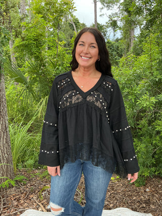 POL Ruffle Trim Lace Detail Long Slv Top (3 COLORS)