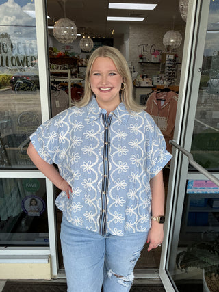 Sew In Love Embroidered Blue Button Top w/ Contrast Placket