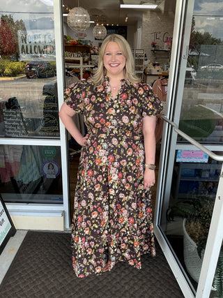 Entro Dk Brown Floral Tiered Midi Dress