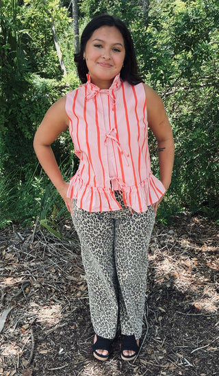 Pink & Coral Stripe Sleeveless Peplum Top with Front Tie Detail on Hanger