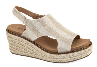 Corkys K Bye Sand Stripe Espadrille Wedge on Final Sale with stylish cork sole and adjustable ankle strap.