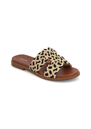 Alt text: "MIA Shoes POET Braided Slide Sandal in Black & Natural hues, featuring stylish woven design and comfortable fit.