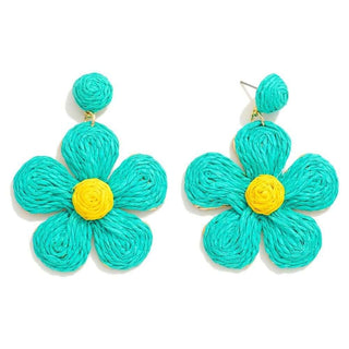 Mint Aqua Daisy Raffia Earrings with gold accents, displayed on a beige background, highlighting their floral design and vibrant colors.