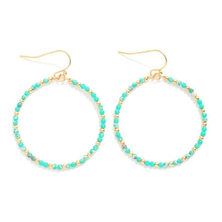 Mint Mini Stone Beaded Drop Hoop Earrings with silver hoops and mint green stones, offering a chic and elegant fashion statement.