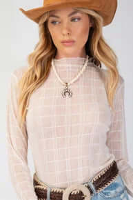 Easel Ivory Plaid Mesh Layering Top - Stylish and Chic Women's Fashion Mesh Top with Classic Plaid Design.
