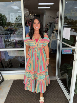 Aqua Stripe Fiesta Maxi Dress Paani - Vibrant, flowing design with colorful aqua stripes perfect for summer events.