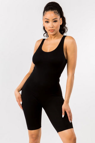 Black body shaping romper with a buttery soft, seamless tank design for a smooth fit