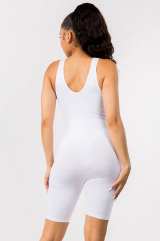 Buttery soft white body shaping romper with a seamless tank design