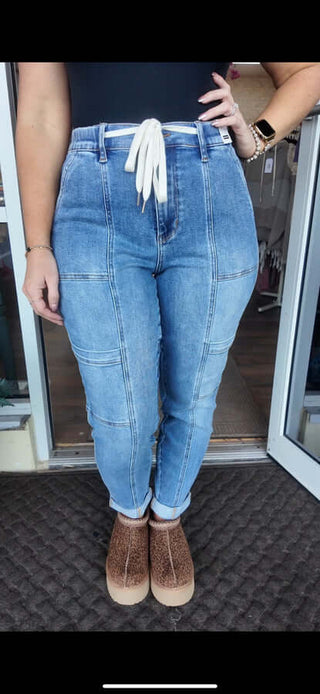 Judy Blue 88909 HW Cargo Cuffed Jogger Jeans in dark wash, showcasing trendy style and comfortable fit.