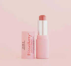 FHF BlissedBerry Juicy Lip Therapy Tinted Balm in sleek pink packaging with cap off, showcasing creamy berry-red balm.