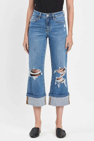 Women's Lovervet V3593 Distressed Wide Leg Cuff Crop Jeans - Trendy Blue Denim with Vintage Appeal