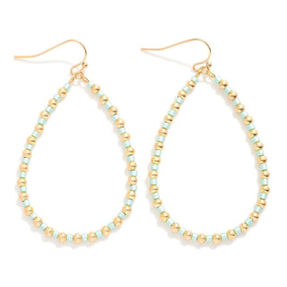 Elegant Aqua Mint & Gold Beaded Teardrop Earrings, perfect for adding a pop of color and sparkle to any outfit.