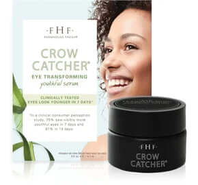 FHF Crow Catcher Eye Serum - Anti-Aging & Revitalizing Skincare in Elegant Glass Bottle on White Background.