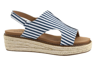 Navy stripe espadrille wedge by CORKYS, featuring a stylish design with comfortable fit, perfect for any casual outfit.