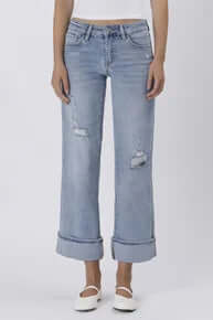 Lovervet LV1525 light wash mid-rise wide cuff jeans, stylish and comfortable denim with a modern fit.