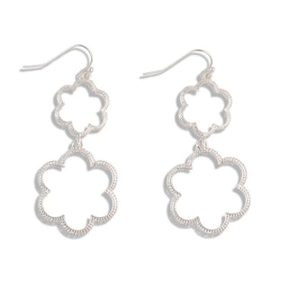 Alt text: "Elegant silver double flower drop earrings with intricate design, perfect for weddings or special occasions.