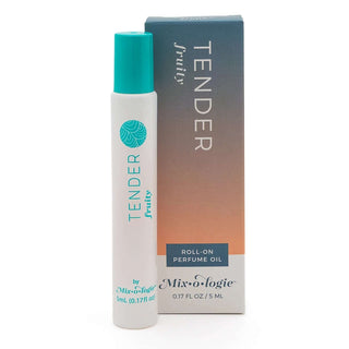 TENDER Fruity Mixologie Rollerball Perfume with vibrant packaging on a marble surface, perfect for travel or gift-giving.