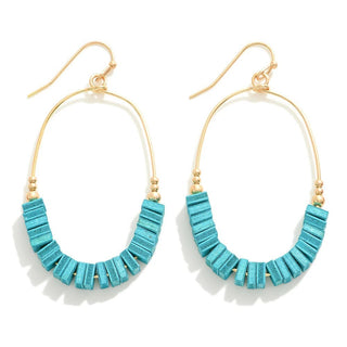 Turquoise Square Bead Wire Hoop Earrings with silver accents on a white background, showcasing elegant and chic style.