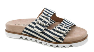 Corkys Dash Navy Stripe Sandal - Stylish and comfortable summer footwear, perfect for beach outings and casual strolls. Final Sale.