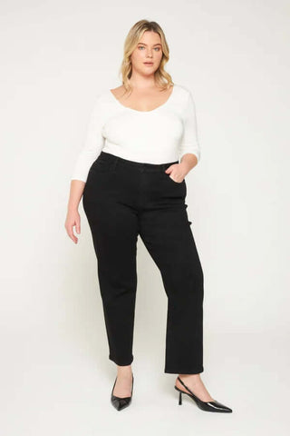 Alt text: "Mica Denim BLACK Mid Rise Ankle Straight Jeans on hanger, showcasing sleek design and premium denim finish.