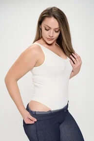 Ivory bodysuit, buttery soft seamless tank design, perfect for layering or wearing alone for a chic, stylish look.