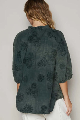 POL Charcoal Olive Floral Embroidered Button Down Top – Stylish Casual Wear