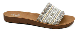 Silver bejeweled slide sandal by CORKYS in "Vacation Mode" style, offering a chic and comfortable summer footwear choice.