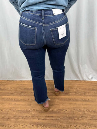 Vervet T5513 dark wash high rise crop flare distressed jeans, stylish and trendy denim for a chic and modern look.