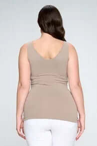 Light Mocha buttery soft seamless reversible tank on hanger, showcasing stretchable material and versatile design.