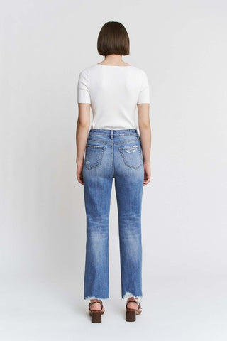 Alt text: "MICA T3536A High Rise Raw Hem Loose Fit Straight Leg Jeans in Medium Wash