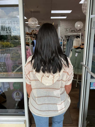 Ivory & Latte Stripe Open Knit Hoodie Top Bibi on hanger, showcasing lightweight, casual style for women.