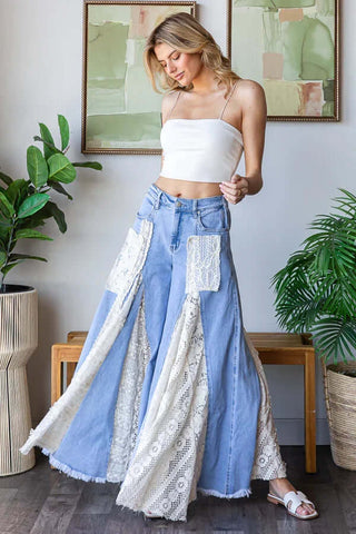 Lt Denim Lace Insert Ruffle Wide Leg Flair Pant Oli & Hali