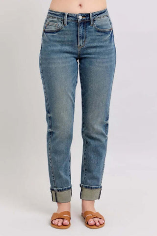 Judy Blue 88946 Mid Rise Vintage Wash Boyfriend Jeans showcasing relaxed fit and stylish faded detailing.