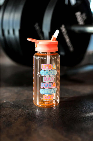 Stylish "Jadelynn Brooke It's a Good Day for a Great Day" water bottle in vibrant pink tones, perfect for hydration motivation.