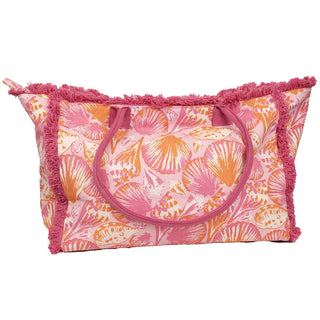 Vibrant pink and orange shell fringe tote bag with intricate detailing, perfect for beach outings and summer fashion.