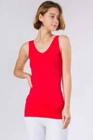 Red buttery soft reversible seamless tank with a snug fit, perfect for casual or active wear.