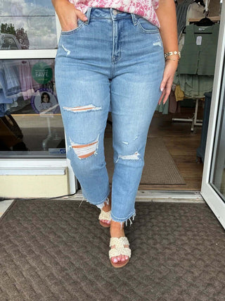 Mica T3261 Denim Light Wash Distressed High Rise Straight Jeans with Frayed Hem on White Background