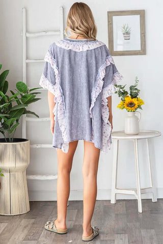 Oli & Hali Lavender & Blue Stripe Ruffle Top - Stylish women's blouse with ruffle sleeves and chic horizontal stripes.