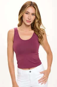 PLUM Buttery Soft Reversible Seamless Tank in eggplant color, displayed on a white background.