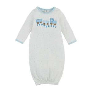 MudPie 0-3 months boy's gown with train applique in soft fabric, perfect for newborn boys, featuring a charming train design.