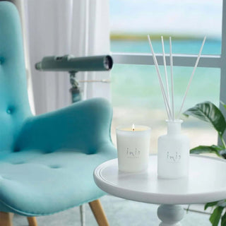 Inis Fragrance Diffuser - Ocean-fresh scent in a stylish frosted bottle with wooden cap and microfiber reeds