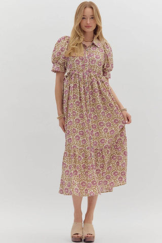 Orchid Floral Scallop Trim Midi Dress by Entro - Elegant Button Front Design in Soft, Feminine Hues