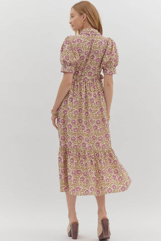 Orchid Floral Button Front Scallop Trim Midi Dress by Entro - Elegant spring dress with vibrant floral pattern and scallop details.