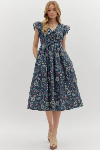 Midnight Blue Floral Cap Sleeve Midi Dress with Bow Accent by Entro, featuring an elegant design for any occasion.