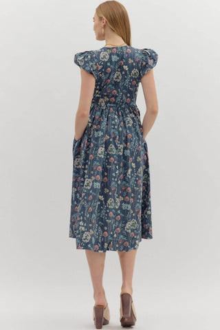 Midnight Blue Floral Cap Sleeve Midi Dress with Bow Accent, by Entro – Elegant and Stylish Women's Fashion.