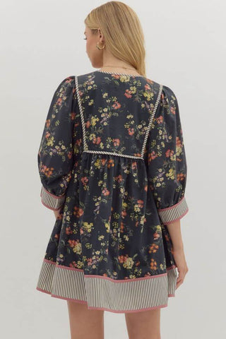 Entro Black Floral Dress with Contrast Hem & Band - Elegant Design, Perfect for Day or Night